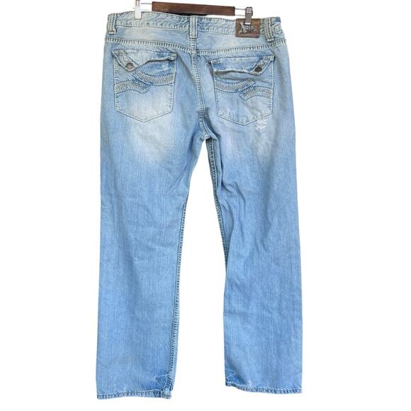 X Ray Jeans Mens Size 38x32 Blue Distressed Flap Pocket Heavy Stitch Y2K - Picture 2 of 12